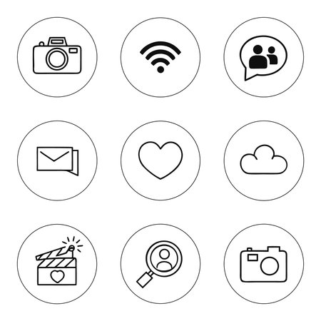 Set Of 9 Editable Blogging Icons. Includes Symbols Such As Camera, Heart, Search And More. Can Be Used For Web, Mobile, UI And Infographic Design.のイラスト素材