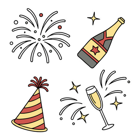 Champagne bottle, party hat, fireworks and confetti. Vector illustration.のイラスト素材
