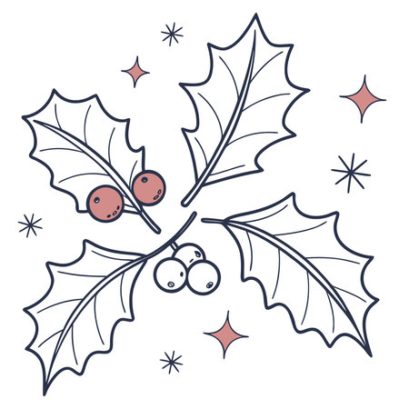 Christmas holly branch with berries and snowflakes. Vector illustration.のイラスト素材