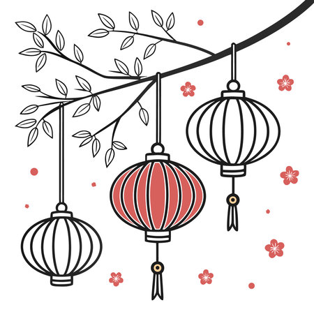 Chinese new year greeting card with hanging lanterns. Vector illustration.のイラスト素材