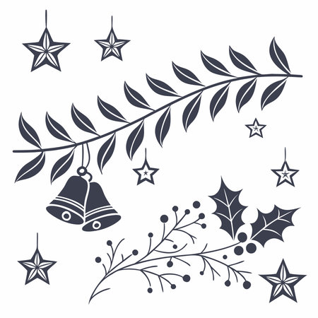 Christmas and New Year elements. Christmas tree branches, bells, holly berry, stars. Vector illustration.のイラスト素材