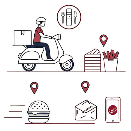 Fast food delivery service. Courier on scooter with boxes, fast food and fast food icons.のイラスト素材