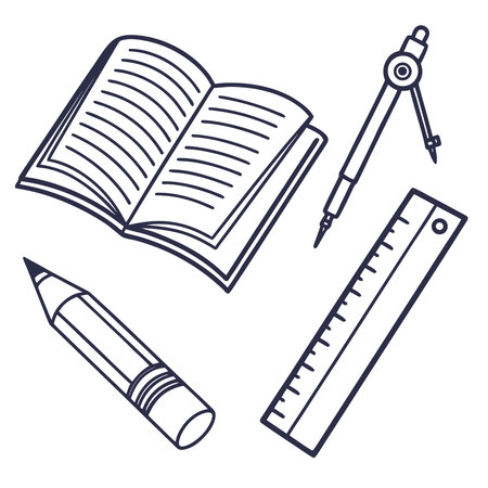 Set of school supplies. Pencil, ruler, notebook, compass, pencil. Vector illustrationのイラスト素材