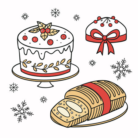 Set of Christmas and New Year hand drawn vector illustrations. Cake, gingerbread, red bow, snowflakes.のイラスト素材