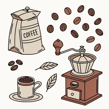 Coffee grinder and coffee beans set. Vector illustration.のイラスト素材