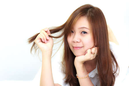 Beautiful woman with long straight hairの写真素材