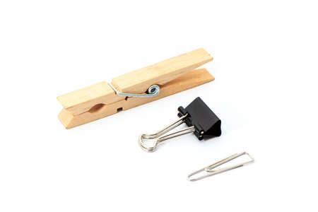 Wooden Clothes Pin,  Fold Back Clip, Paper Clip isolated on white backgroundの写真素材