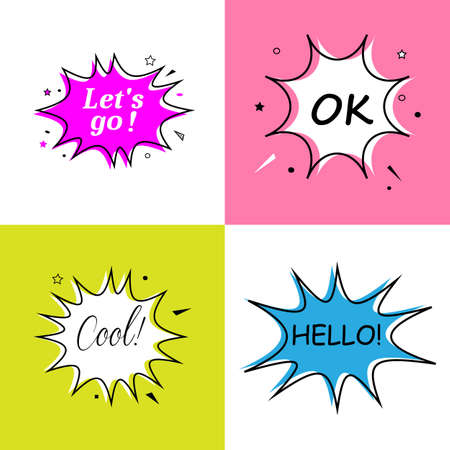 Cool Hello Ok Lets go, Speech bubbles with dialog words. Bubbles speech illustration pink Thinking and speaking cloudsのイラスト素材