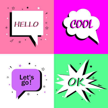 Cool Hello Ok Lets go, Speech bubbles with dialog words. Bubbles speech illustration pink Thinking and speaking cloudsのイラスト素材