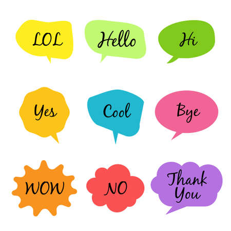 LOL OK YES COOL Speech bubbles with dialog words. Bbubbles speech illustration pink Thinking and speaking cloudsのイラスト素材