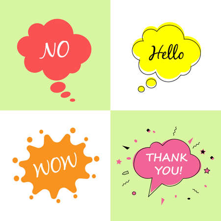 Hello wow no thank you, Speech bubbles with dialog words. Bubbles speech illustration pink Thinking and speaking cloudsのイラスト素材