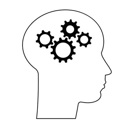 Concept of human intelligence. Head and Brain Gears in Progress. Vector line silhouette face. Portrait icon man. Isolated illustration.のイラスト素材