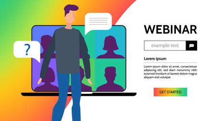 Webinar man character template, online course, distant education, video lecture, internet group conference, training test, work from home, app, web page template, illustration design vector.のイラスト素材