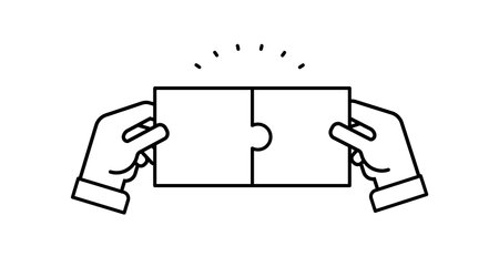 Hands holding two jigsaw puzzle pieces together to find a solution. Flat concept design vector illustrationのイラスト素材