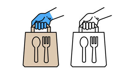 Food delivery paper bag hand icon. lunch linear style sign for mobile concept and web design. Take away fast food simple line vector . Symbol fork and spoon, logo illustration graphics.のイラスト素材