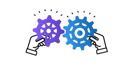 Hands holding two gears jigsaw puzzle pieces together to find a solution.Theory and practice concept. Flat design vector illustrationのイラスト素材