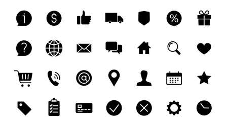 Set of icons e-commerce online shop. Home location, globe, user chat, email, phone, Info, mobile, buttons, website, fulfilment service. Black vector line symbols of delivery and shipping.のイラスト素材