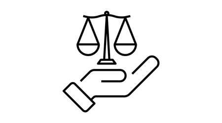 Ethics icon , law and justice. scale and hand line symbol .Vector linear illustration. Isolatedのイラスト素材