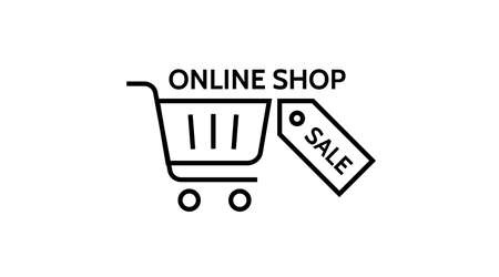 Online store. Shopping cart. Empty trolley with wheels. Buy online shop. Promotional, sale, advertisement concept. Icon design, logo. Vector line illustration on isolated background.のイラスト素材