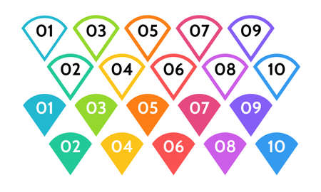 Bullet points, info markers. icon arrow set. Number Flags 1 to 10 Flat design list, button, isolated...