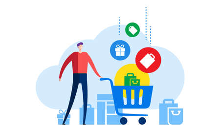 Online shop, store concept. Shopping cart with bags standing upon big mobile phone. Cartoon flat vector design illustration isolatedのイラスト素材