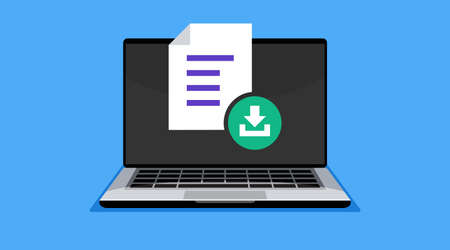 Laptop Download simbol document file web icon. data downloading concept. flat design graphic element. Vector illustrationのイラスト素材