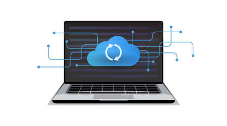 Laptop sync uploads files cloud server, storage. Exchange of information. Computing technology. Hosting, network management, data synchronization, database, remote access. vector illustration element.のイラスト素材