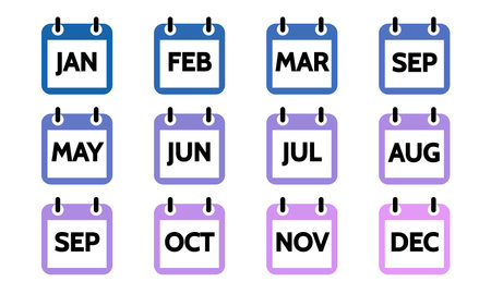 calendar 12 month icon set, color signs for all months of the year. Flat design isolated Vector Illustrationのイラスト素材