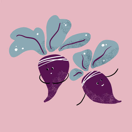 Two beetroots friends vector illustration. Print for T-shirts, fabric, children wallpapers. Purple...