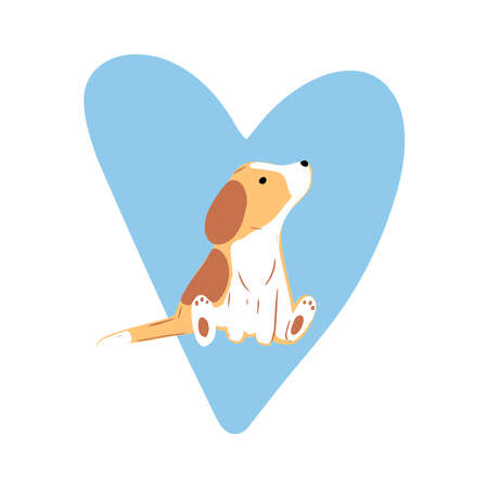 Little cute beagles with blue heart. Valentines day greeting card. Vector illustration EPS 10.のイラスト素材