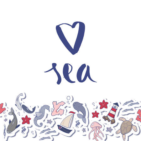 Love sea vector illustration Beautiful sea colors palette. Postcard, print, background for sealovers. Travel invitation cardのイラスト素材