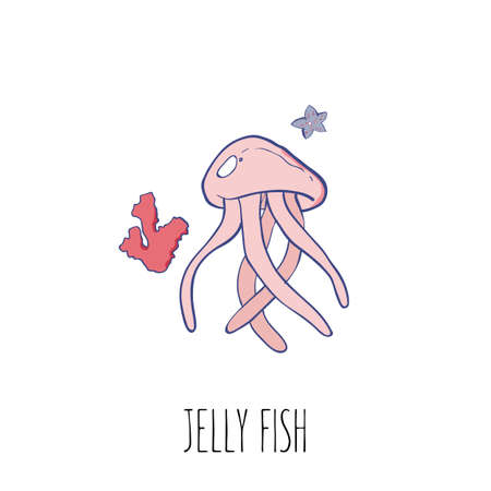 Jelly fish vector illustration with corals. Cartoon sea animal for t-shirt, prints.のイラスト素材