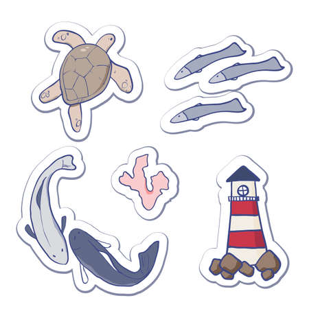 Vector illustration of the sea animals and others. Lighthouse, corals, fishes, turtles. Sea stickers.のイラスト素材