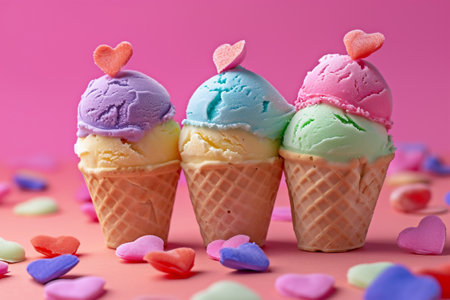 three ice cream cones, each boasting a different vibrant hue, set against a strikingly pink background that accentuates their colorsの素材