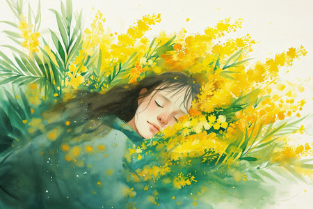 watercolor of a woman asleep in yellow mimosa flowerの素材