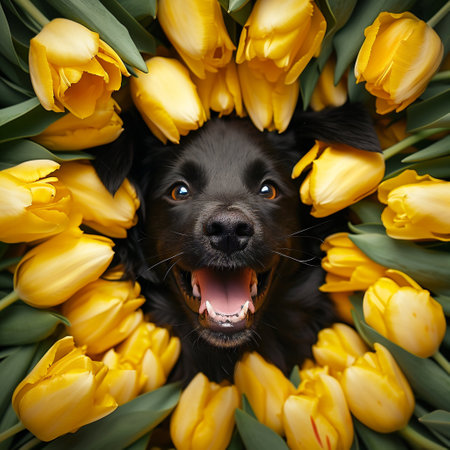 the black dog is surrounded by a bunch of yellow tulipsの素材