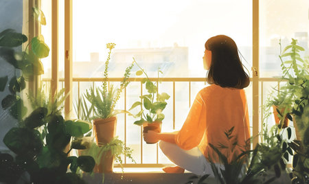 woman looking out to the window with plants on the windowsillの素材