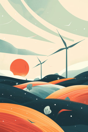 Renewable Energy Farm: a wind and solar farm generating clean energy, highlighting the shift towards sustainable power sourcesの素材