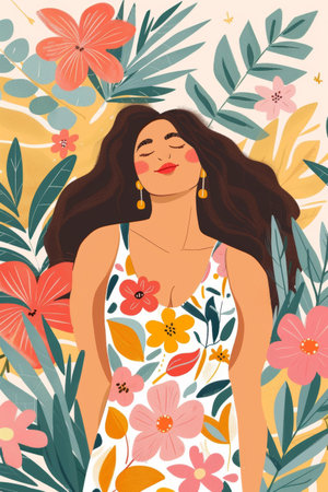 Embracing body positivity and self-love: a plus-size woman in a floral dress against a multi-colored natural background is pleased with herself and enjoys life.の素材