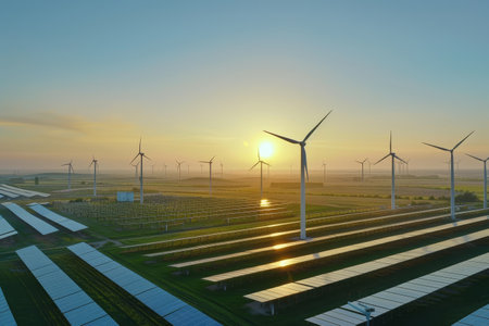 Renewable Energy Farm: Image of a wind or solar farm generating clean energy, highlighting the shift towards sustainable power sourcesの素材