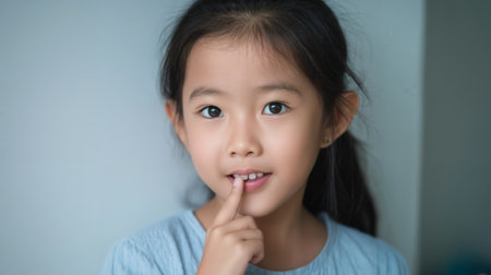 Young girl with long dark hair and a thoughtful look, gently touching her lip while posing in a softly lit room.の素材