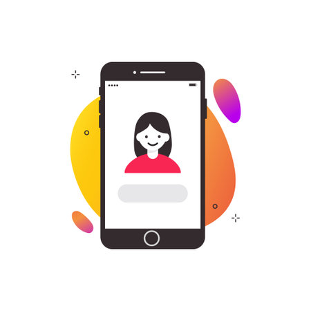 Flat design illustration of a smartphone screen displaying a user profile avatar, with colorful abstract shapes in the background.のイラスト素材