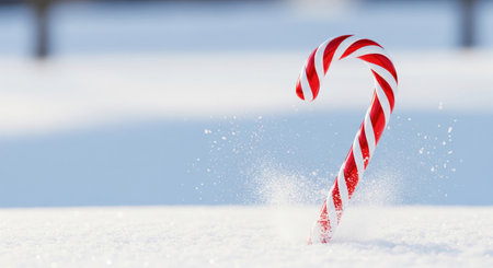 Red and white striped candy cane stuck in snow, symbolizing holiday tradition and festive simplicity in winter landscape.の素材