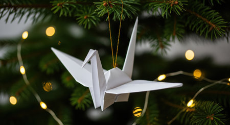 Hand-folded paper crane ornament hanging on a pine tree branch, surrounded by warm fairy lights and festive greenery.の素材