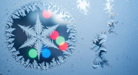 Frozen snowflake patterns on glass reveal colorful Christmas lights blurred in the background, symbolizing winter holiday mood.の素材