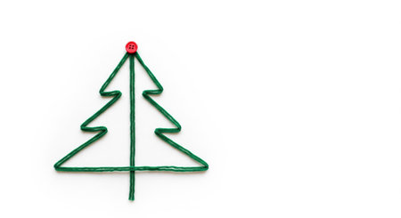 Simple Christmas tree shape crafted using green thread and topped with a red dot, on a white background.の素材
