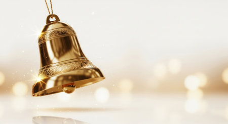 A traditional gold bell hanging in front of warm festive bokeh lights, capturing holiday spirit and elegant simplicity.の素材