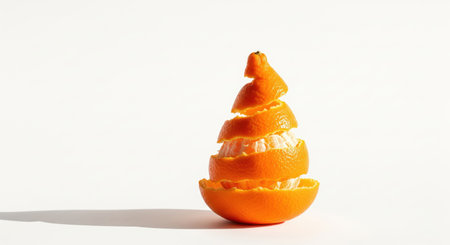 Creative arrangement of orange slices forming a tree shape on white background, combining fruit freshness with festive minimalism.の素材