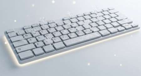 Modern computer keyboard surrounded by floating magical sparkles, blending digital workspace with a touch of holiday cheer.の素材