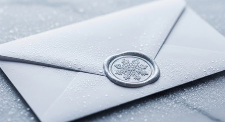 Elegant white envelope sealed with a silver wax stamp featuring a snowflake, resting on a frosty, snow-covered surface.の素材